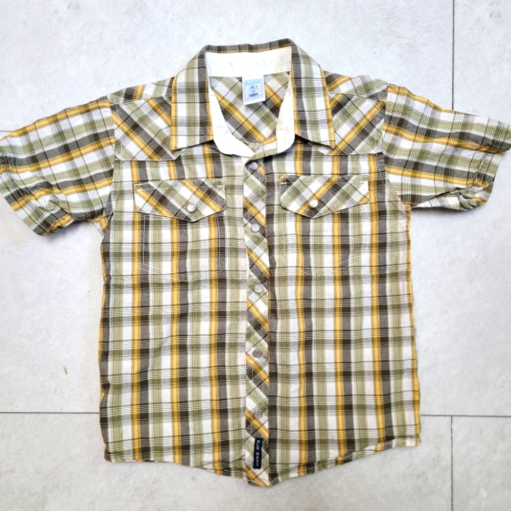 Pearl Snap Plaid Button Down Shirt Yellow Green Old Navy Kids 5T Cowboy